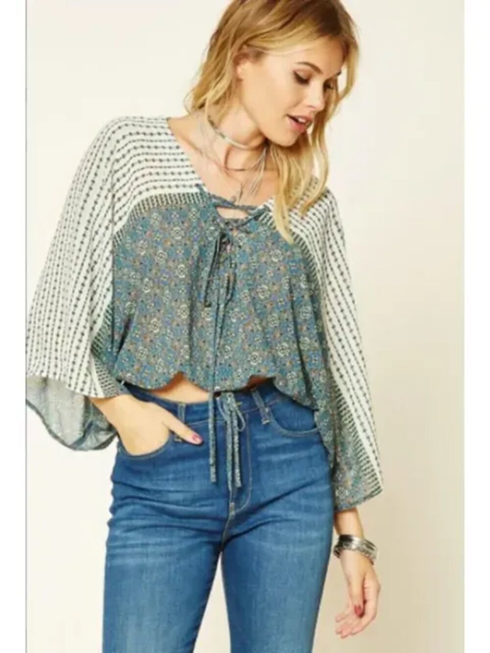 Women's Green Geo Paisley Lace Up V Neck Boho Bell Sleeve Top Women M